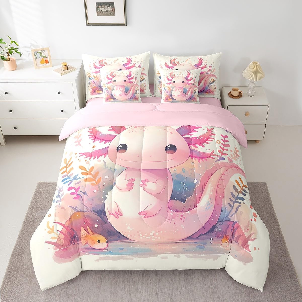 Erosebridal Pink Axolotl Bed in a Bag Twin Comforter Set 7 Piece,Kawaii Cartoon Pink Axolotl Bedding Sets for Kids Boys Girls Ocean Seaweed Coral Sea Life Salamander Sheet Set with Comforter