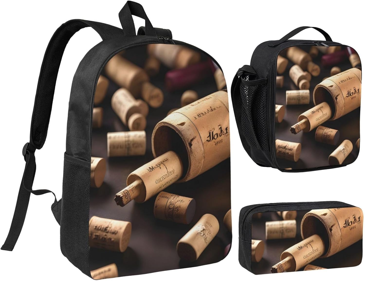 Wine Bottle Cork print 3 Piece Backpack Bags with Lunch Box Pencil Case Set for Travel Work Camping Unisex
