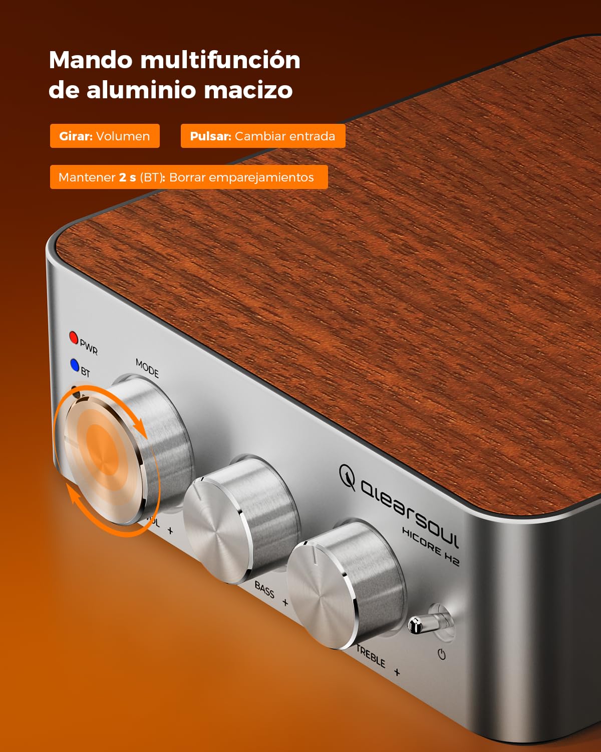 Qlearsoul HiCore H2 Bluetooth 5.4 Hi-Fi Amplificador estéreo — TI TPA3255 Clase D, salida nominal de 100 W x2 (@4Ω), modo BT antisecuestro, RCA/AUX/BT Hub de 3 entradas para altavoces pasivos, incluye