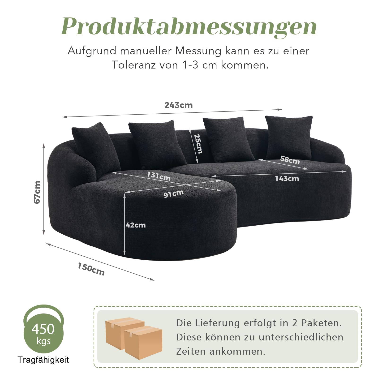 Sofá curvo modular de 243 cm, en forma de L, chenilla, color negro