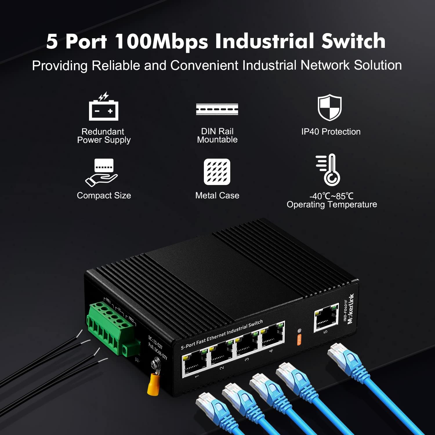 MokerLink 5 Port Industrial DIN-Rail Network Switch, 10/100Mbps Fast Ethernet, IP40 Rated Network Switch (-40 to 185°F), with UL Power Supply
