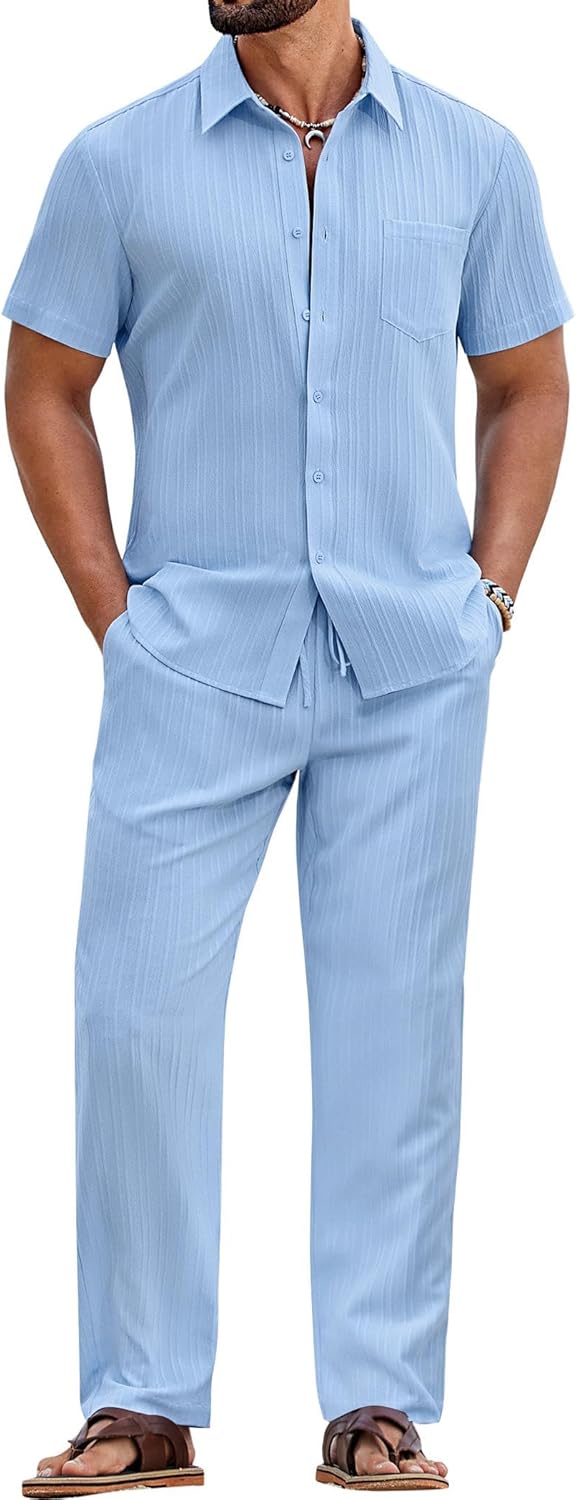 COOFANDY Mens 2 Piece Sets Summer Outfits Short Sleeve Button Down Shirt Loose Pant Sets Beach Vacation Outfits