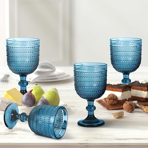 Miniatura 3 de Copas de vino vintage azules de 12 onzas, juego de 4 vasos de copas, copas en relieve para boda, fiesta, cena, bar