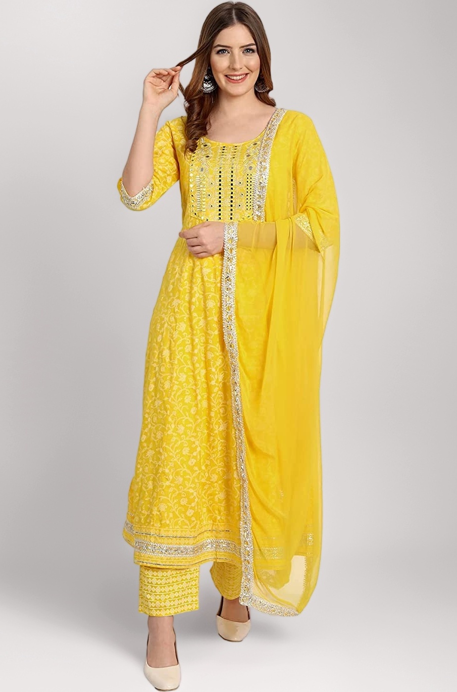 Women Rayon Anarkali Embroidered Printed Kurta Pant and Dupatta Set