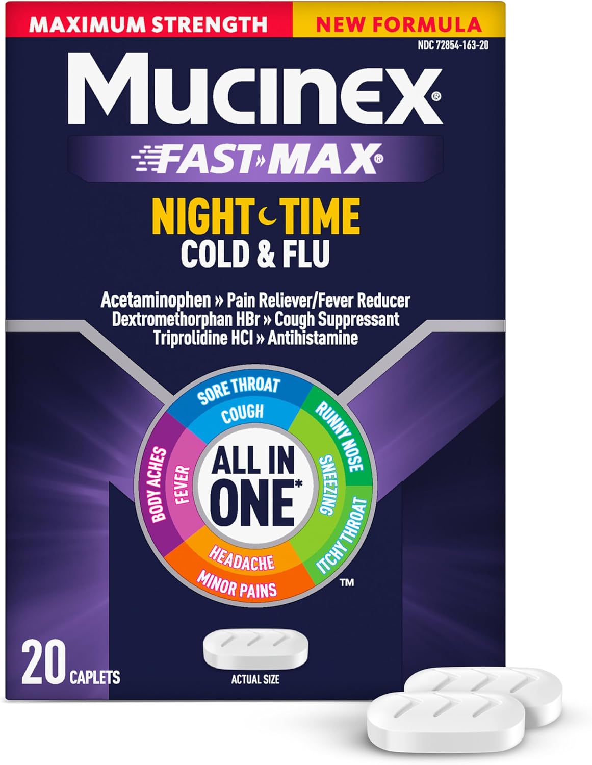 Mucinex Nightshift para resfriado y gripe, potente alivio nocturno multisíntoma, 20 cápsulas de liberación rápida, analgésico/reductor de fiebre,