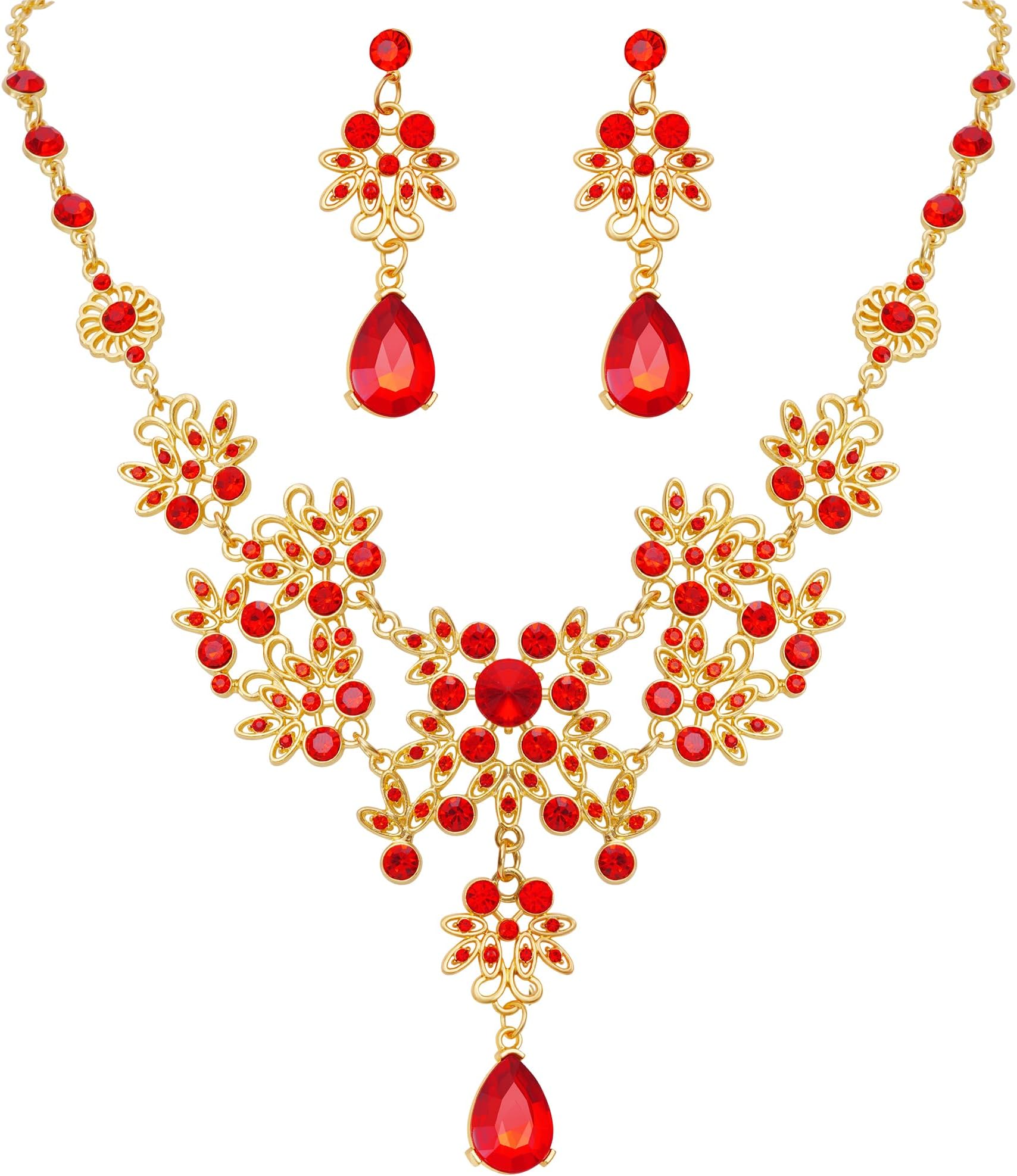 Silver Red Alloy Rhinestone Earrings Crystal Pendant Necklace Bridal Jewelry Set (Red)