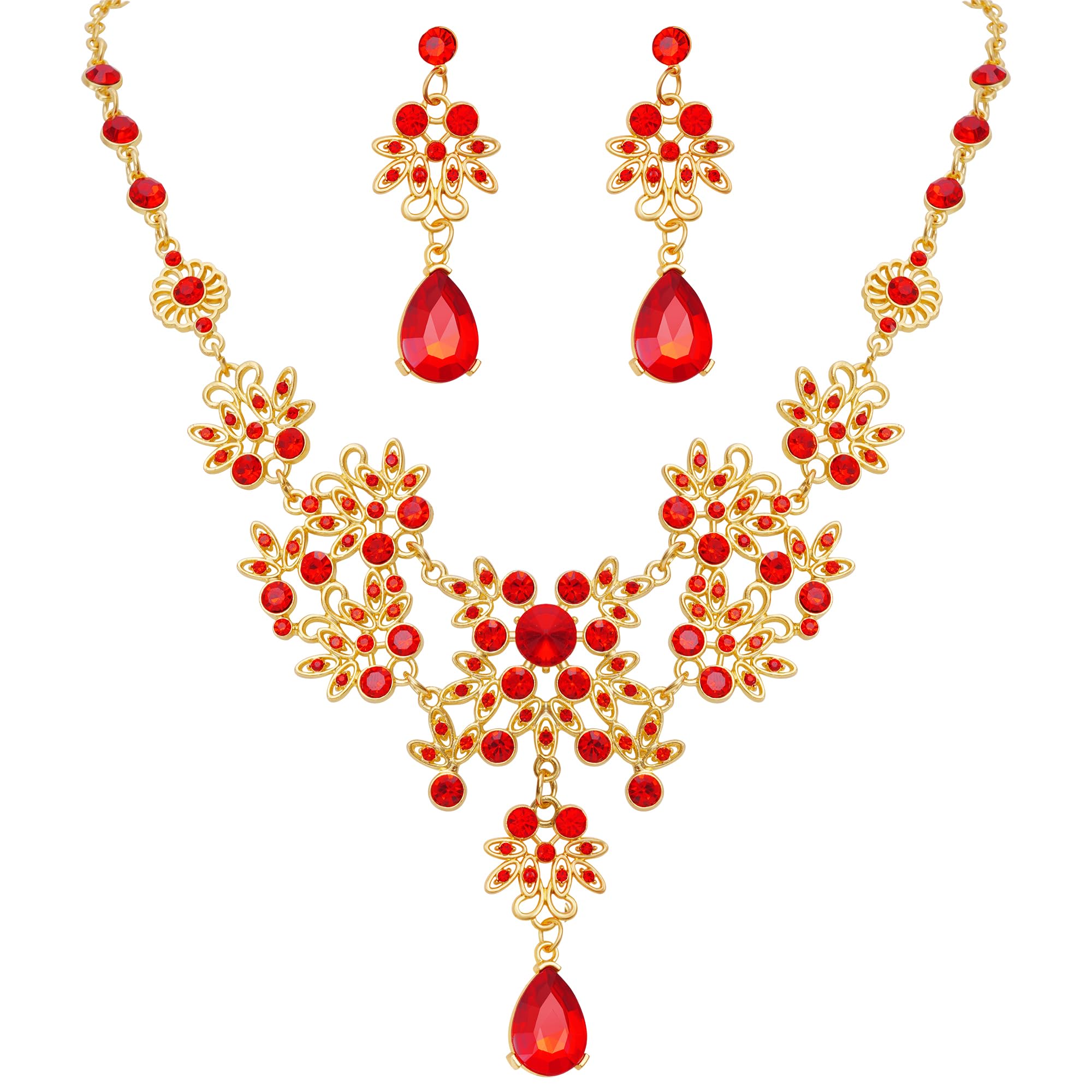 DxhyccDxhycc Silver Red Alloy Rhinestone Earrings Crystal Pendant Necklace Bridal Jewelry Set