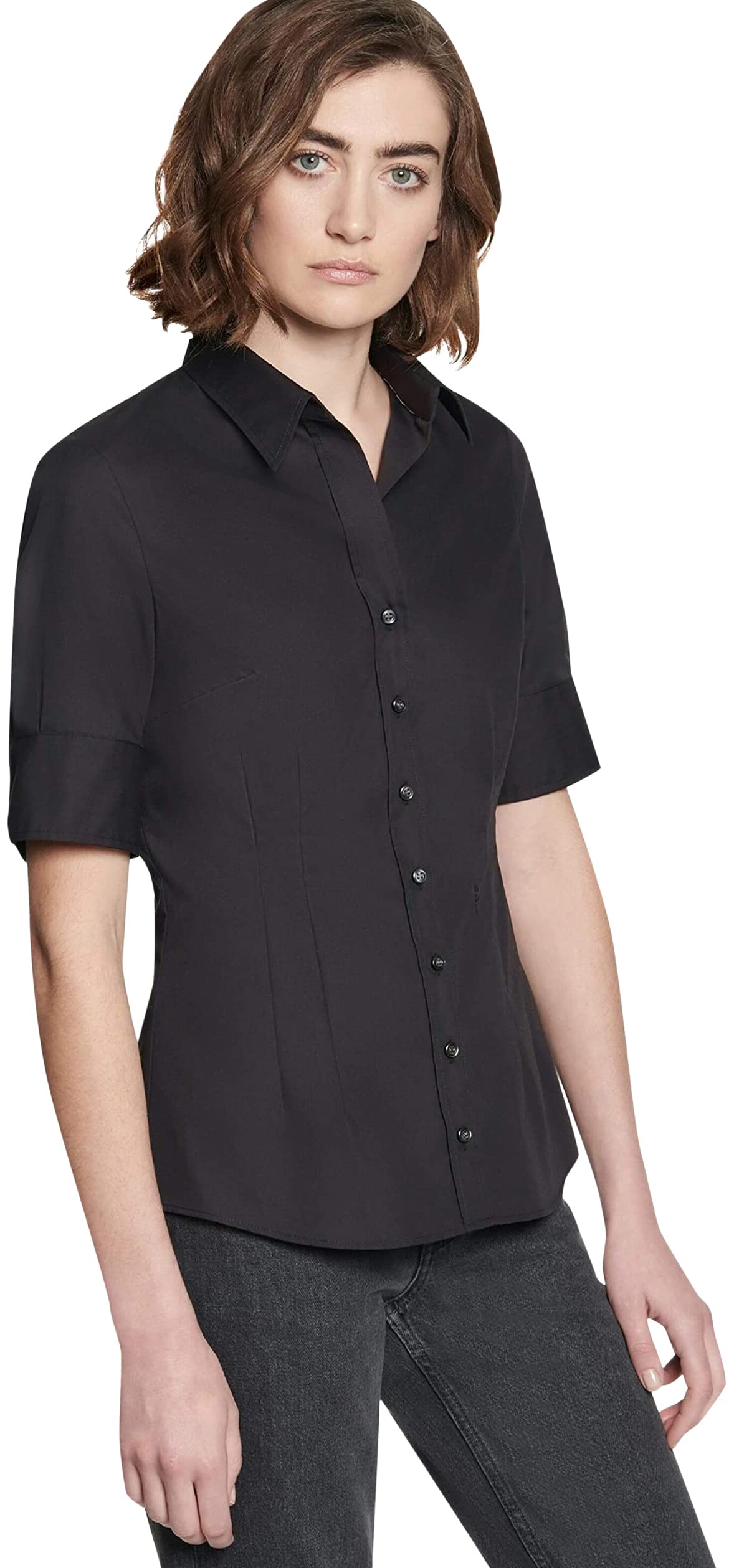 Seidensticker Blusa De Manga Corta Para Mujer, Corte Ajustado, Sin Planchado, Entallada, Ajustada, De Manga Corta, 100% Algodón, Negro, 2