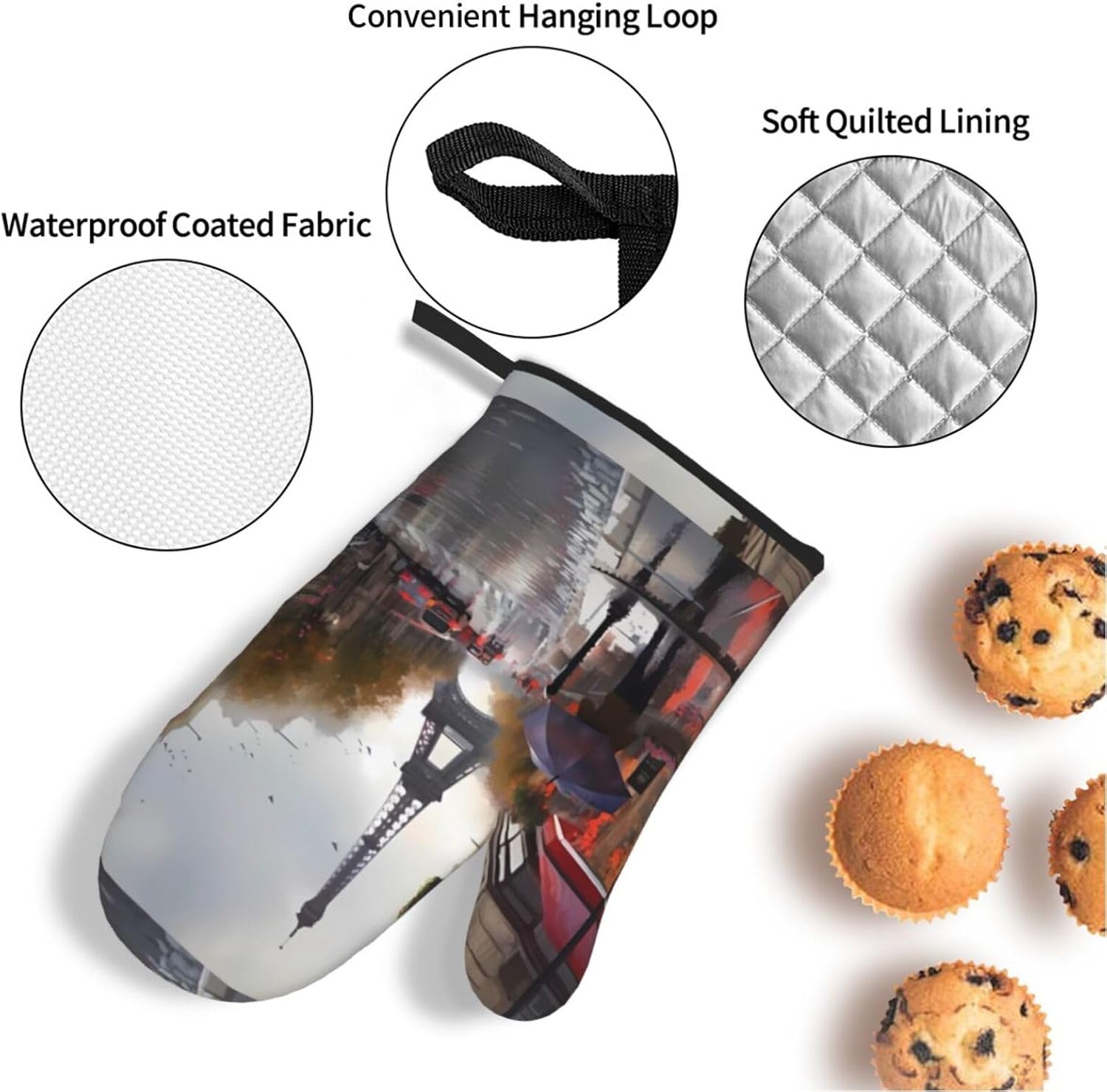(Rainy Street in Paris) Baking 4-Piece Set: 2 Oven Mitts and 2 Pot Holders Heat Resistant Waterproof Hanging Loop for Kitchen Oven Grill Housewarming Gifts