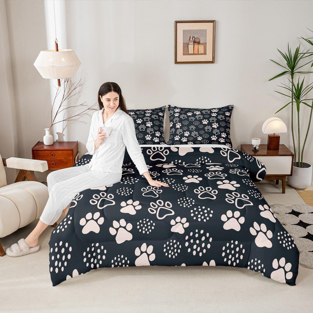Manfei Kids Dog Paw Print Comforter Set Queen Size,Paw Graffiti Kawaii Bedding Set 3pcs for Teens Girls Boys Home Room Decor,Human Friends Cute Pet Theme Quilt Set,Cartoon Duvet Insert,2 Pillowcases