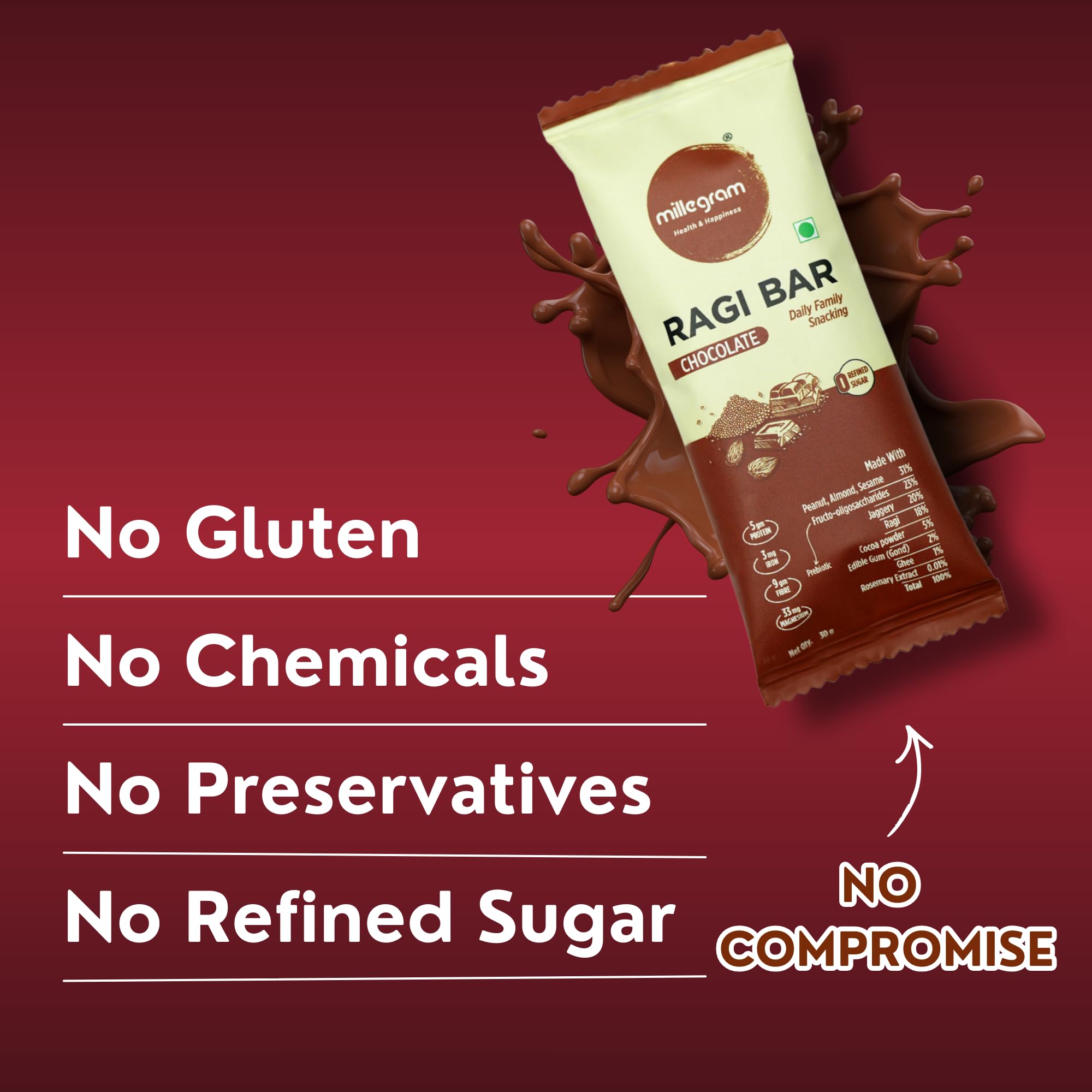Millegram Ragi Bars Multi Flavours (Date, Chocolate and Peanut Butter - Pack of 30g X 6Pcs) - High Protein(9g), Fibre(7.5g), Magnesium, Iron, Goodness of Ragi, Almond & Cow Ghee. Gluten-Free Snack with No Added Refined Sugar, Preservatives — Amazon image 9