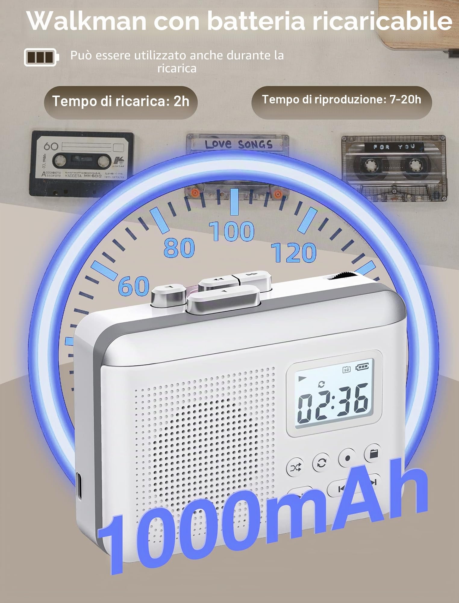Gracioso Convertitore registratore portatile per cassette a MP3 con scheda SD, batteria ricaricabile 1000mAh, microfono e altoparlante integrati