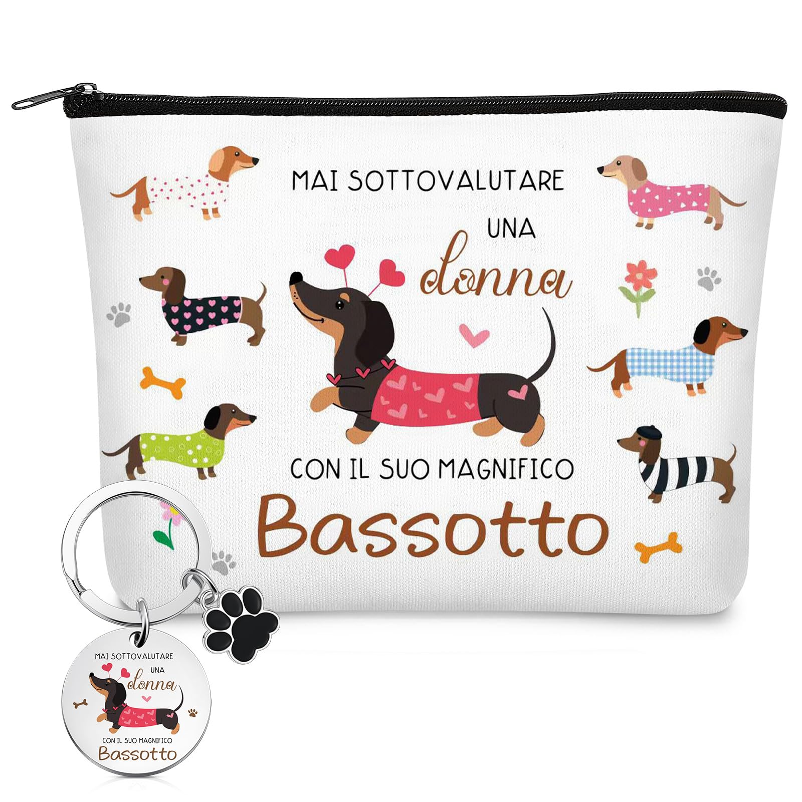 Xuniea Set Regalo Bassotto per Donna Borsa per Cosmetici con Cerniera di Bassotto Multifunzionale Grande Capacità Portachiavi Ideale per Viaggio Compleanno Natale Amica Fidanzata
