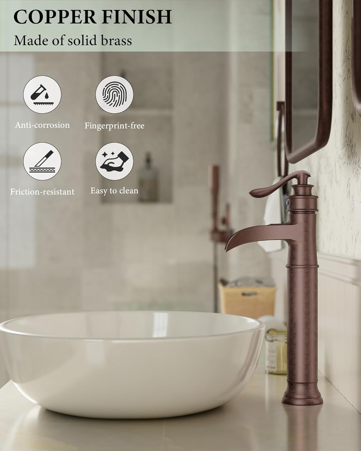 Homevacious Vessel Sink Faucet Copper Tall Bathroom Faucets Waterfall Single Handle 1 Hole Farmhouse Antique with Pop up Drain Assembly and Supply Lines Mixer Tap Without Overflow Counter Top - Image 4