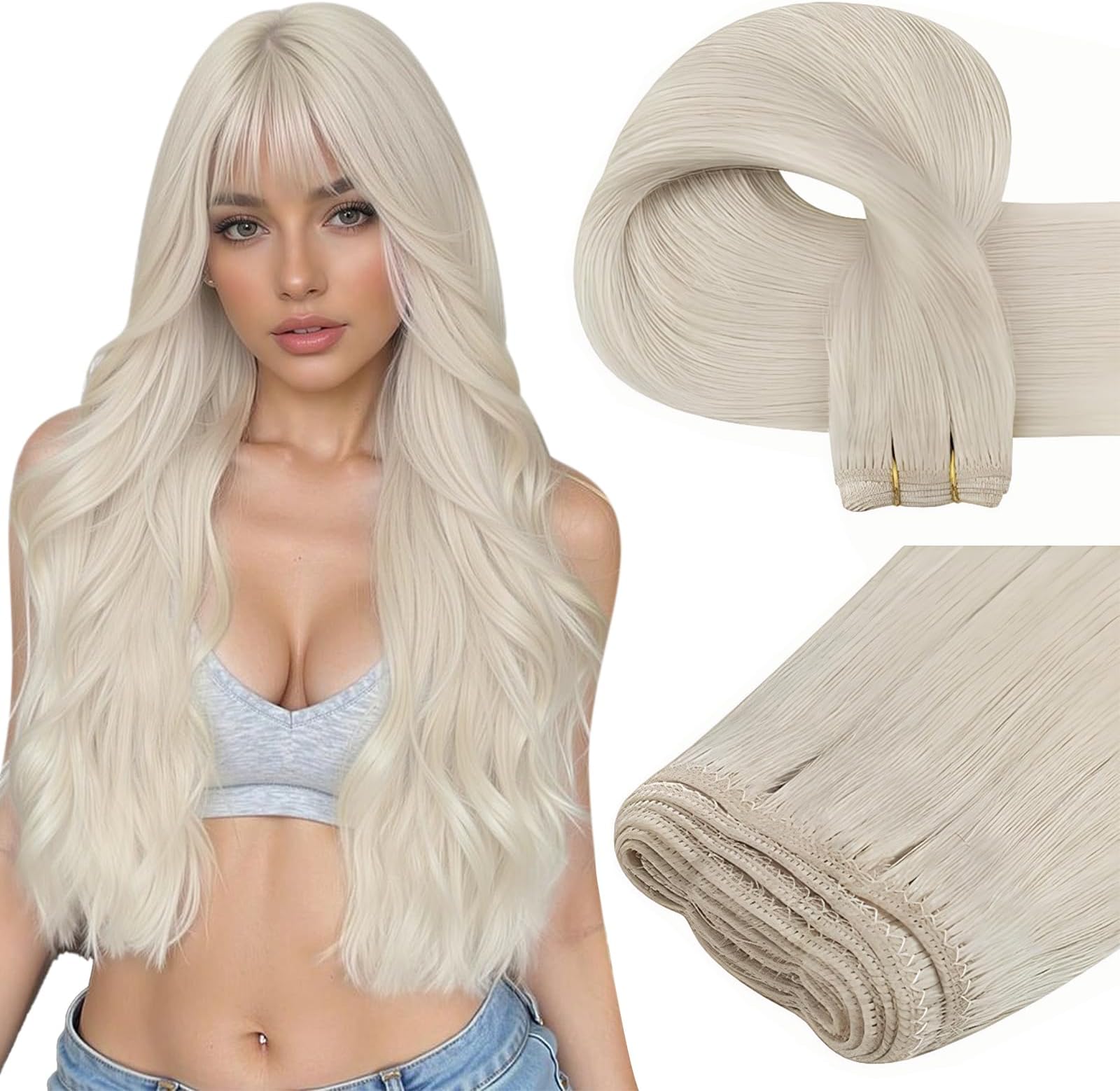 Easyouth 22 Inch Weft Hair Extensions Human Hair Blonde Sew in Hair Extensions Real Human Hair White Blonde Soft and Smooth Human Hair Extensions Sew in for Women 100G