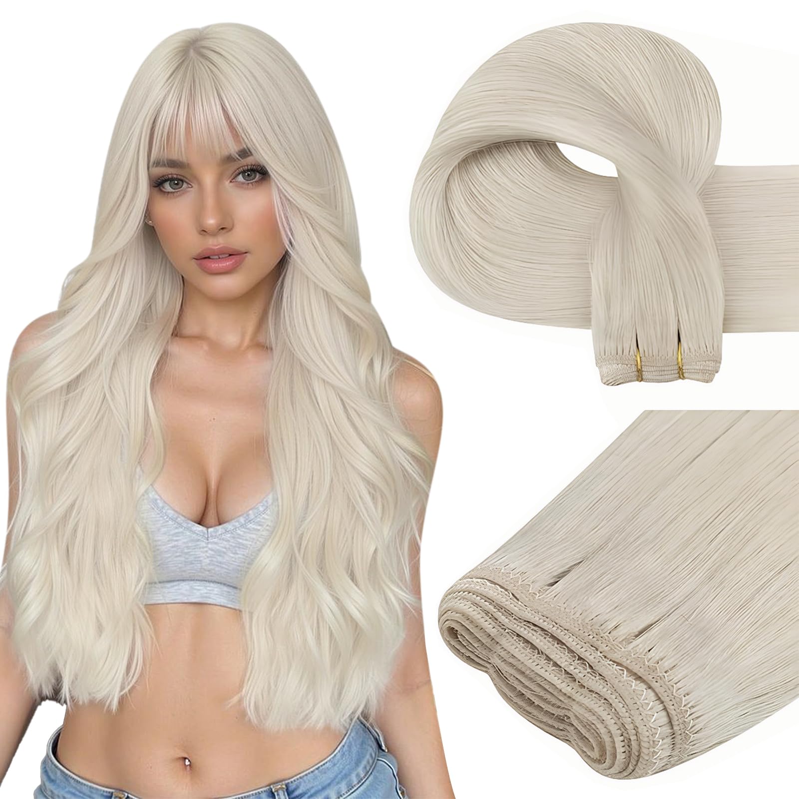 Easyouth 22 Inch Weft Hair Extensions Human Hair Blonde Sew in Hair Extensions Real Human Hair White Blonde 100G Soft and Smooth Human Hair Extensions Sew in for Women