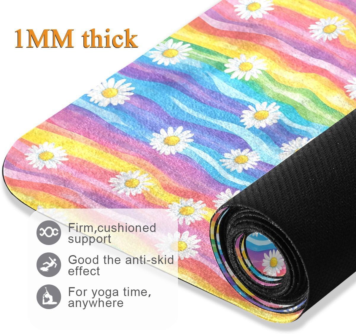 ALAZA Rainbow Color Daisy Flowers Tie Dye Yoga Mat Non Slip Fitness Exercise Mat, Workout Mat for Yoga, Pilates and Floor Exercises