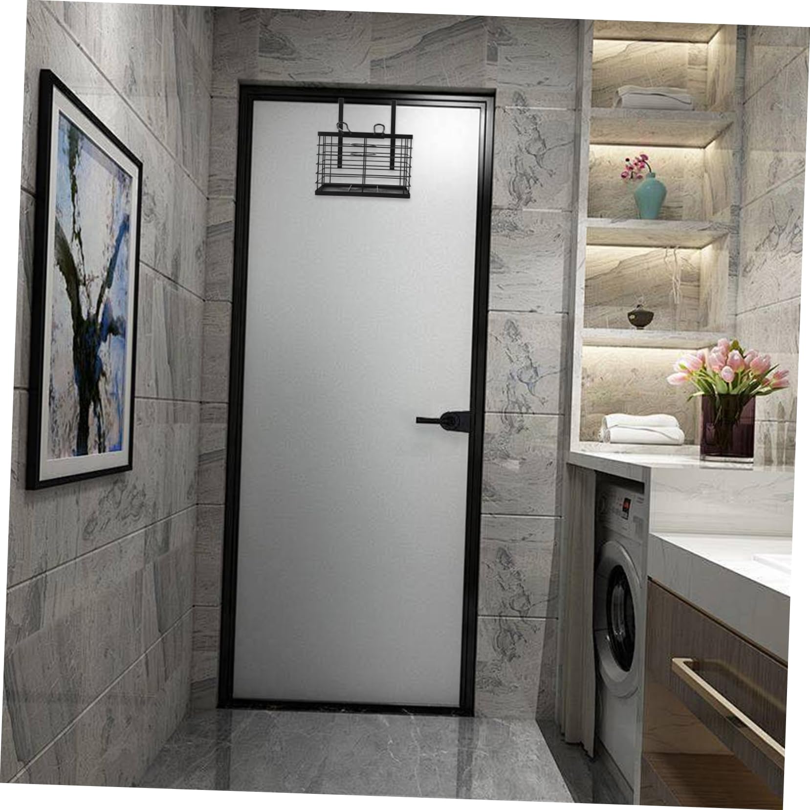 TOPBATHY Porta Phon da Muro in Ferro Nero, Porta Asciugacapelli per Porta | Organizer Bagno da Appendere, Mensola per Asciugacapelli, Spazio per Piccoli Oggetti e Ferro Arricciacapelli