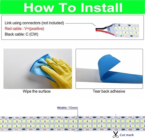 Miniatura 7 de SUYOOULIN Tira de luces LED, 16.4 pies, regulable, CC, 12 V, SMD 2835, doble fila, 2400 LED, 52000 lm, tira de cinta LED súper brillante, no