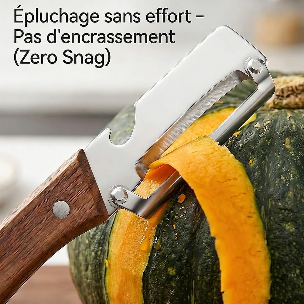 Eplucheur Multifonction 3-en-1 - Eplucheur Légumes avec Manche en Bois Massif, Eplucheur Polyvalent avec Décapsuleur Intégré Lame Tranchante pour Éplucher, Trancher (Marron 1 pièce) - 4