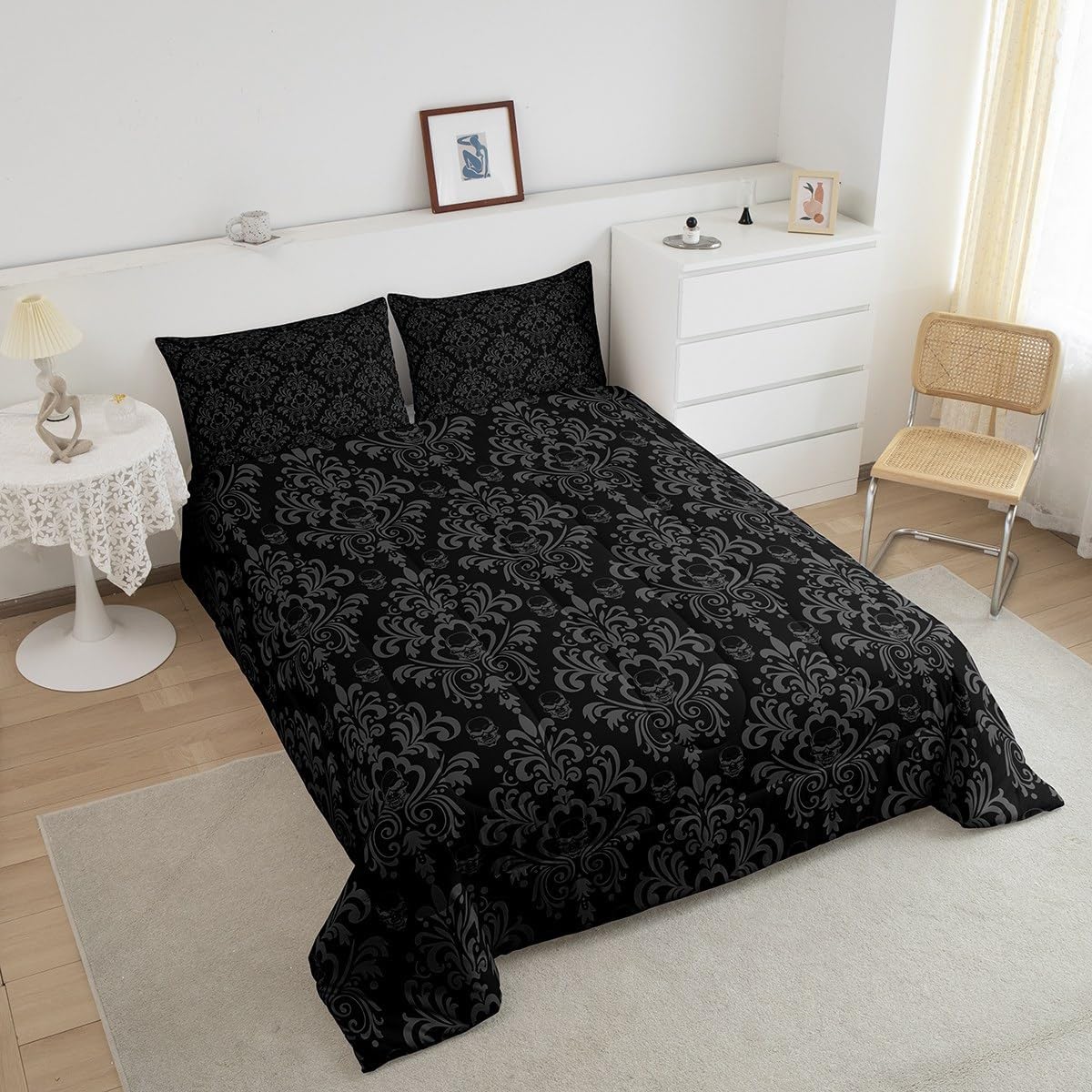 jejeloiu Queen Size Grey Damask Bedding Set Boys Girls Gothic Goth Skull Comforter Set for Kids Women Men Ultra Soft Jacquard Vintage Floral Bohemia Boho Exotic Duvet Quilt Room Decor Soft 3Pcs