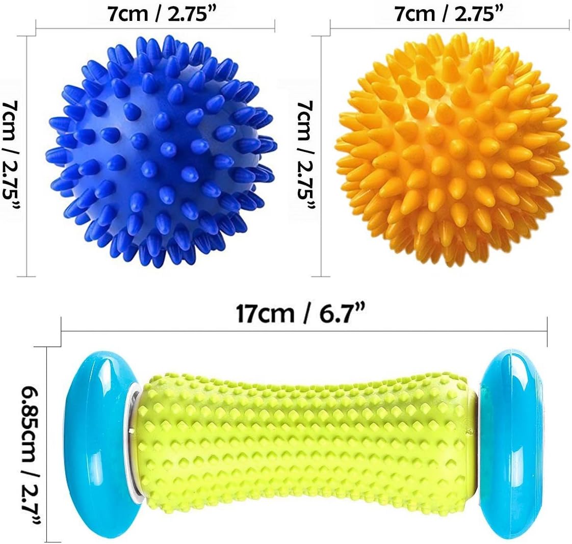 Pasnity Foot Massage Roller Spiky Ball Foot Pain Relief Massager Relieve Plantar Fasciitis and Heel Foot Arch Pain and Relax Shoulder Foot Back Leg Hand, Included 1 Roller & 2 Spiky Balls (Light Blue) : Health & Household