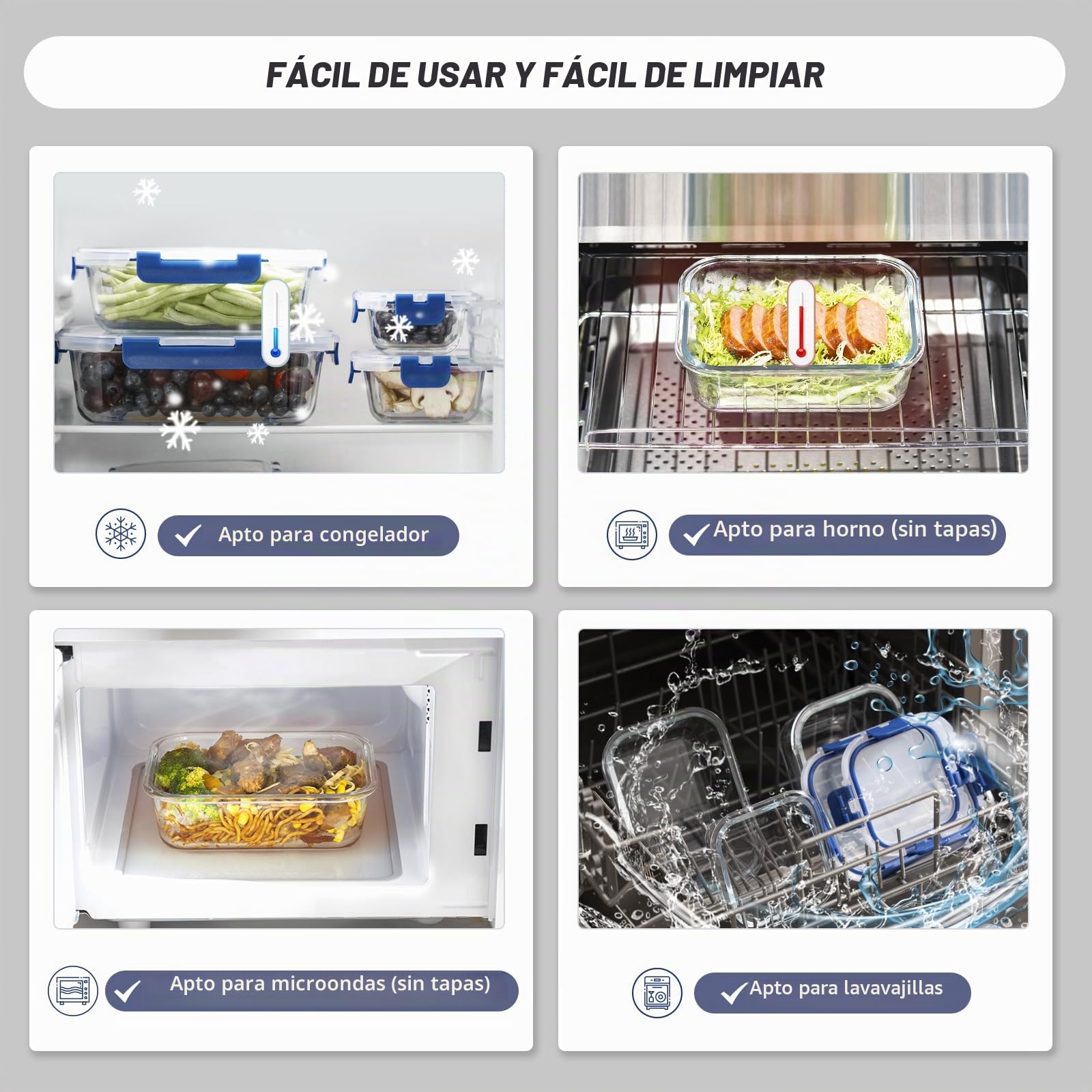 Juego de recipientes de cristal, recipientes de almacenamiento para alimentos frescos de cristal, recipientes de almacenamiento para cocina y restaurante con tapas de plástico premium, herméticos, a