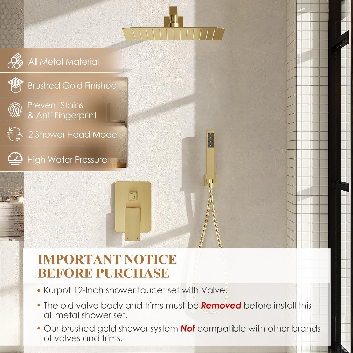Shower System, Gold Shower Faucet Set with Shower Valve and Trim Kit, 12 Inch Rain Shower Head with Handheld Spray, Brushed Gold Shower Head and Handle Set, High Pressure Shower Head System - Image 2