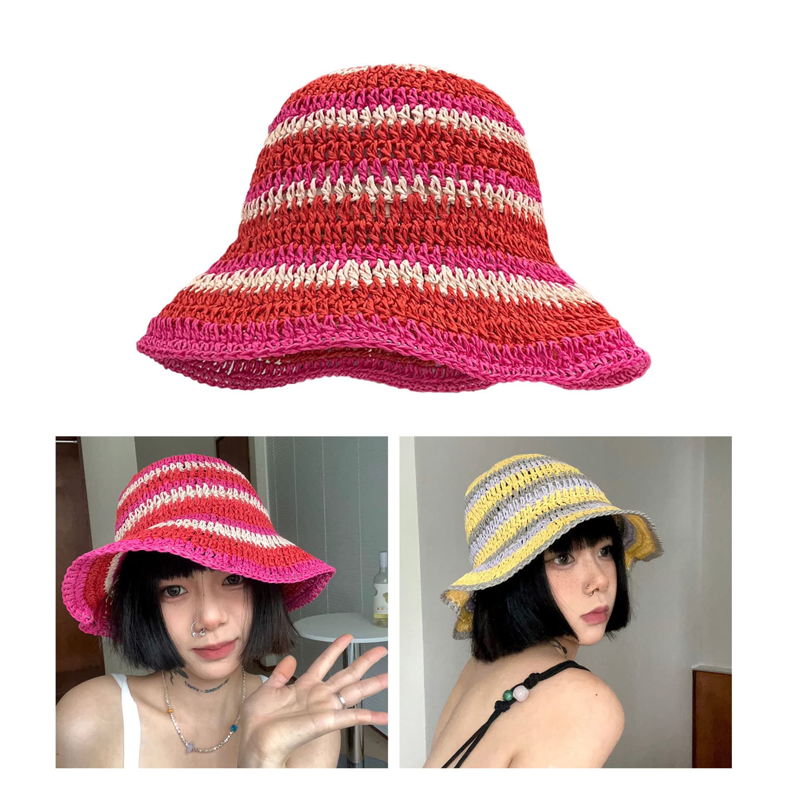 NRVTRE Élégant chapeau de paille tissé pour femme Chapeau de pêcheur pliable Chapeau décontracté pour femme Casquette de protection solaire Couleur arc-en-ciel Voyage Casquette de protection solaire
