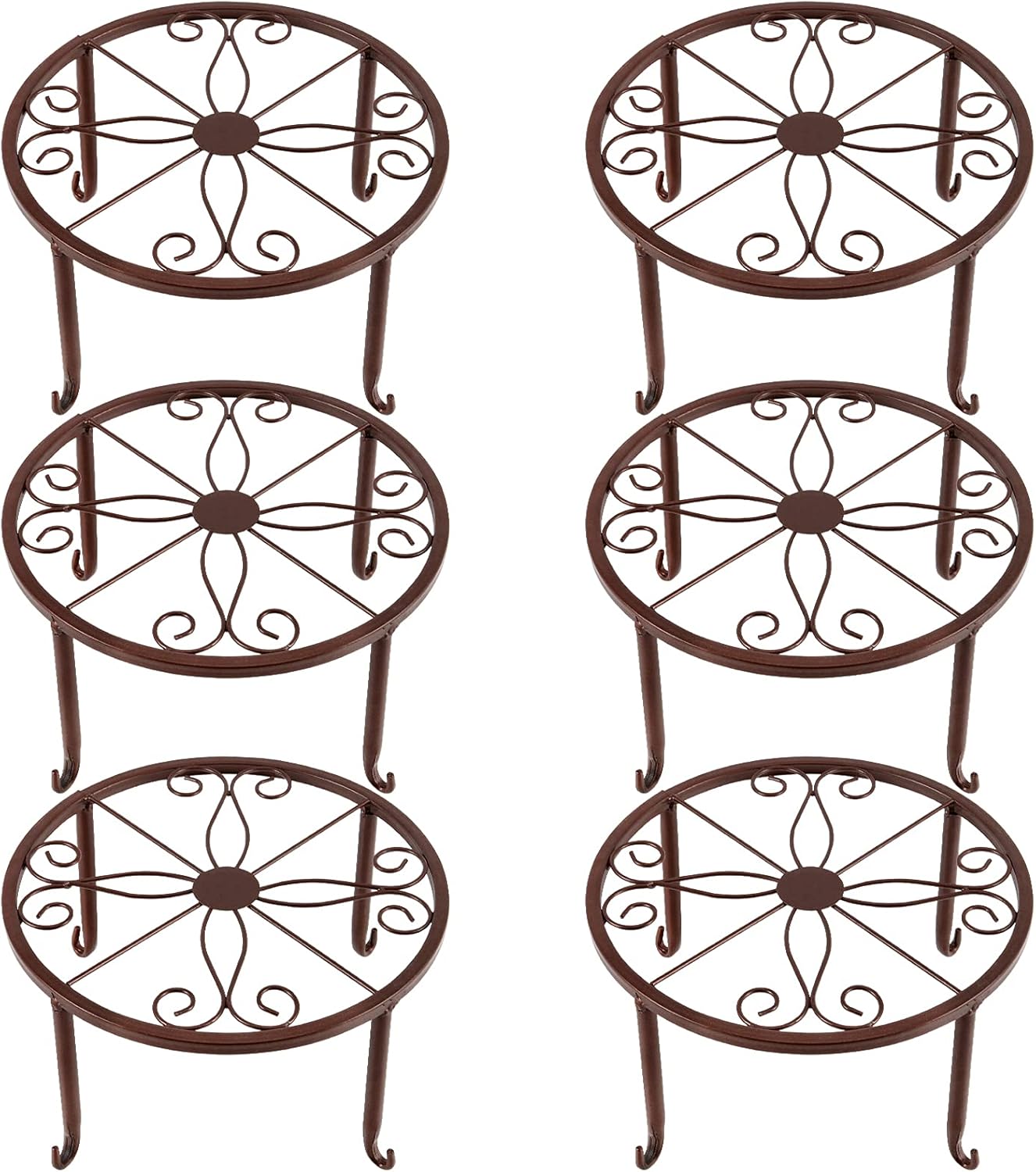 6 Pack 9.45 x 5.12 Inch Bronze Metal Plant Stands for Flower Pots, Retro Style Heavy Duty Potted Holder, Indoor Outdoor Metal Rustproof Iron Garden Container Round Support Rack for Planter