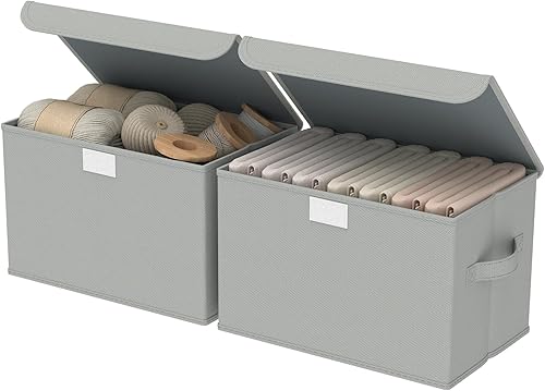 Miniatura 9 de Contenedores de almacenamiento de tela con tapa, cajas de armario con cubierta, canasta organizadora apilable plegable con 2 asas, para el hogar y