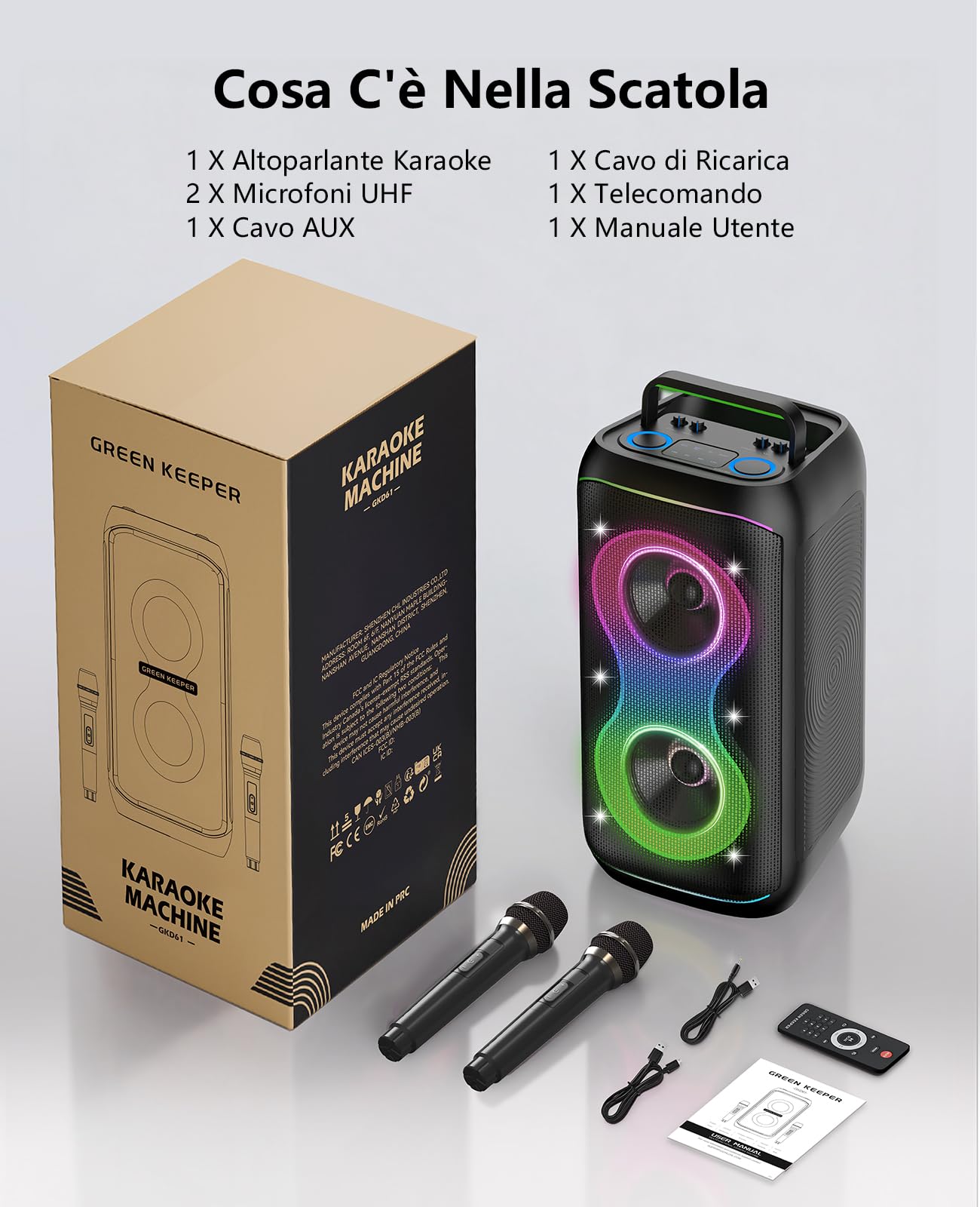 GKD61 Cassa Karaoke con 2 Microfoni UHF Wireless, Cassa Bluetooth Portatile da 400W di Potenza di Picco, Subwoofer da 6,5", Sistema Karaoke Professionale, Supporto USB/TF/AUX, Ideale per Grandi Feste
