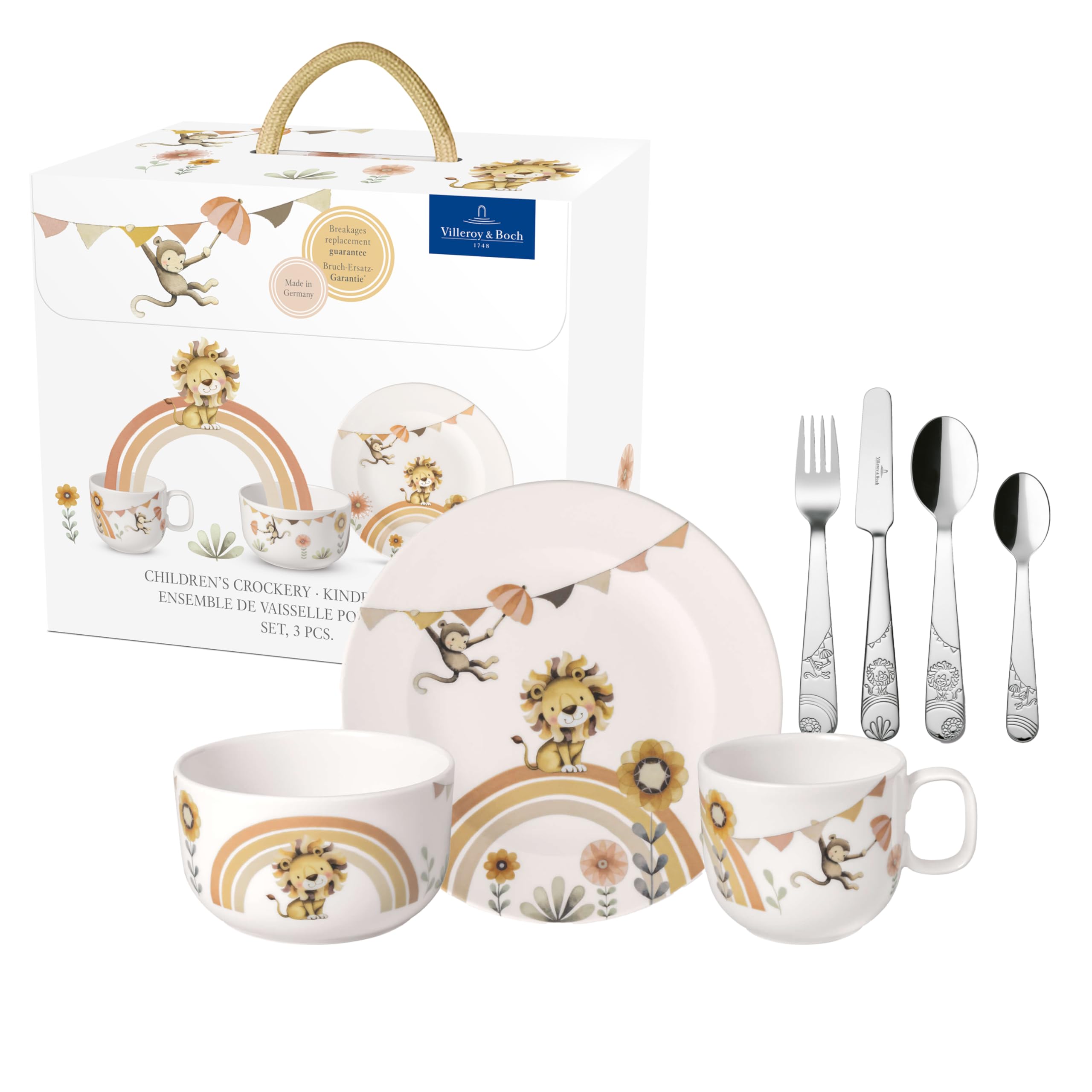 Villeroy & Boch – Boho Kids "Roar like a lion" Kindergeschirr-Set 7 teilig, Spülmaschinenfest, Mikrowellensicher, Geschirr Set Kinder mit Kinderbesteck, Tiermotiv Löwe und Affe, Premium Porzellan