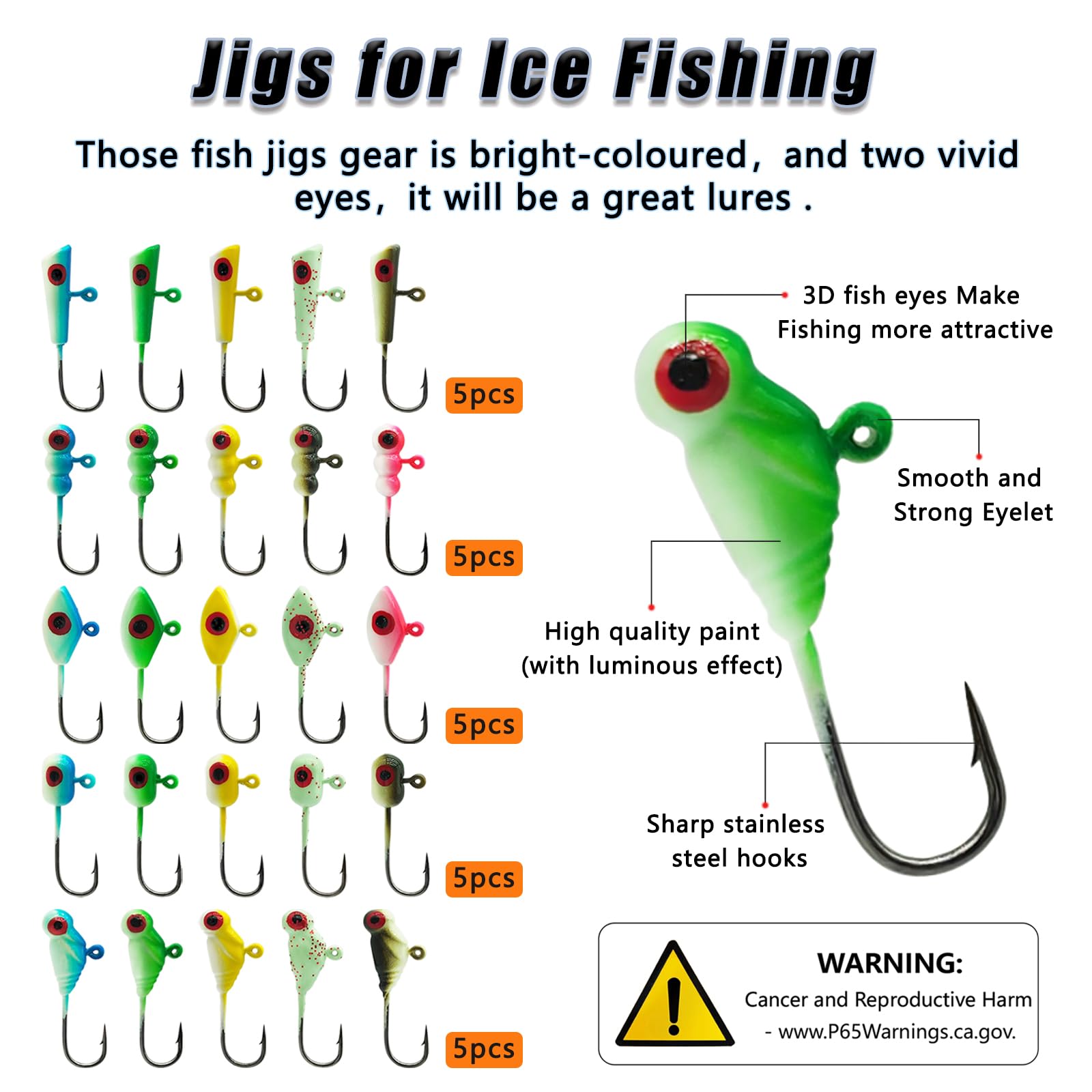 Glow Ice Fishing Jigs Winter ice Fishing Lures Ice Fishing Gear for Ice Jigging Panfish, Pike, Walleye, Perch and Crappies 25pcs…