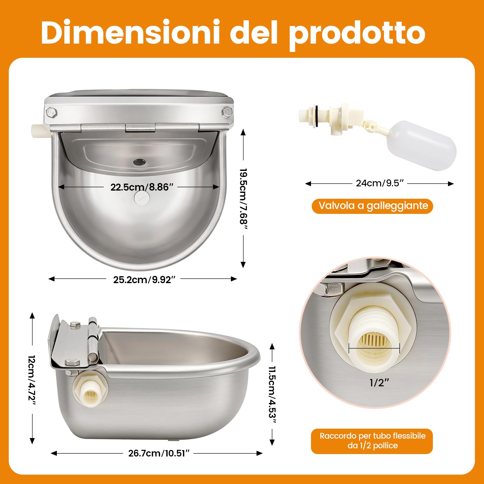 Abbeveratoio Automatico per Cani con Valvola a Galleggiante Regolabile a 2 Pezzi, Ciotola per Bestiame in Acciaio Inox con Tappo di Scarico per Bovini, Maiali, Pecore e Cani