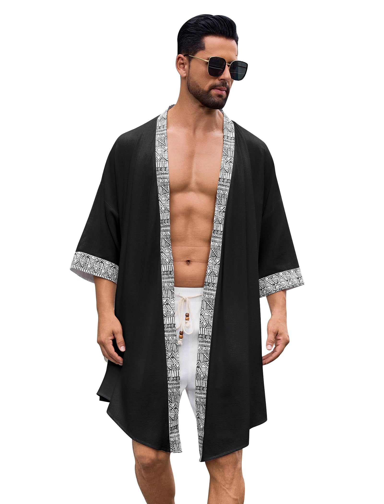 ODIZLI Men's Kimono Cardigan Open Front- Geometric Trim Lightweight Boho Robe for Beach Pool Spa Vacation