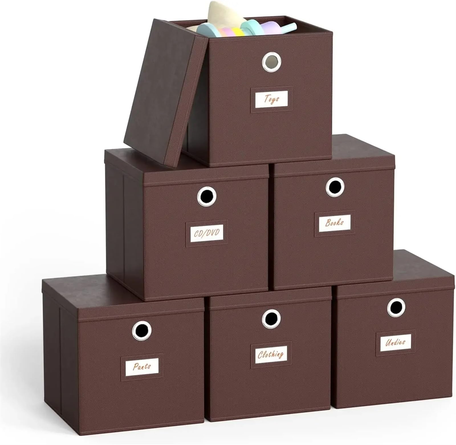 YONMLEDO Fabric Storage Boxes With Lids 6 Pack Foldable Storage Cubes with Lid and Metal Eyelet Handle Fabric Storage Bins 11 x 11 x 11 inch Collapsible(Brown Set Of 6)