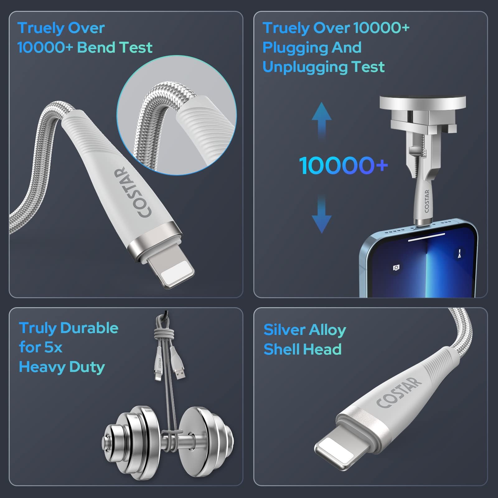 COSTAR USB to 8 Pin Charging Cable, 3A Fast Charger Nylon Braided Cable, Data Sync Transfer For iPhone 14 /Pro Max /13/12/12 Pro,11,Mini, X, 8,7,6(silver 2m) — Amazon image 4
