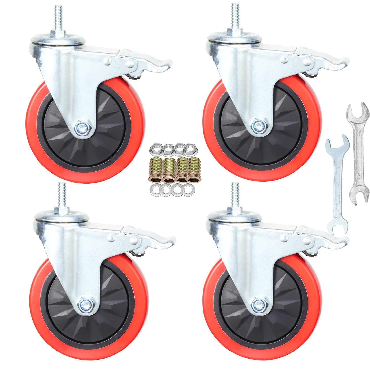 Heavy Duty Stem Caster Wheels M10-1.5X25mm Dual Locking No Noise PVC Threaded Stem Caster Wheels Pack of 4 for Workbench, Dolly, Furniture (5 Inch,