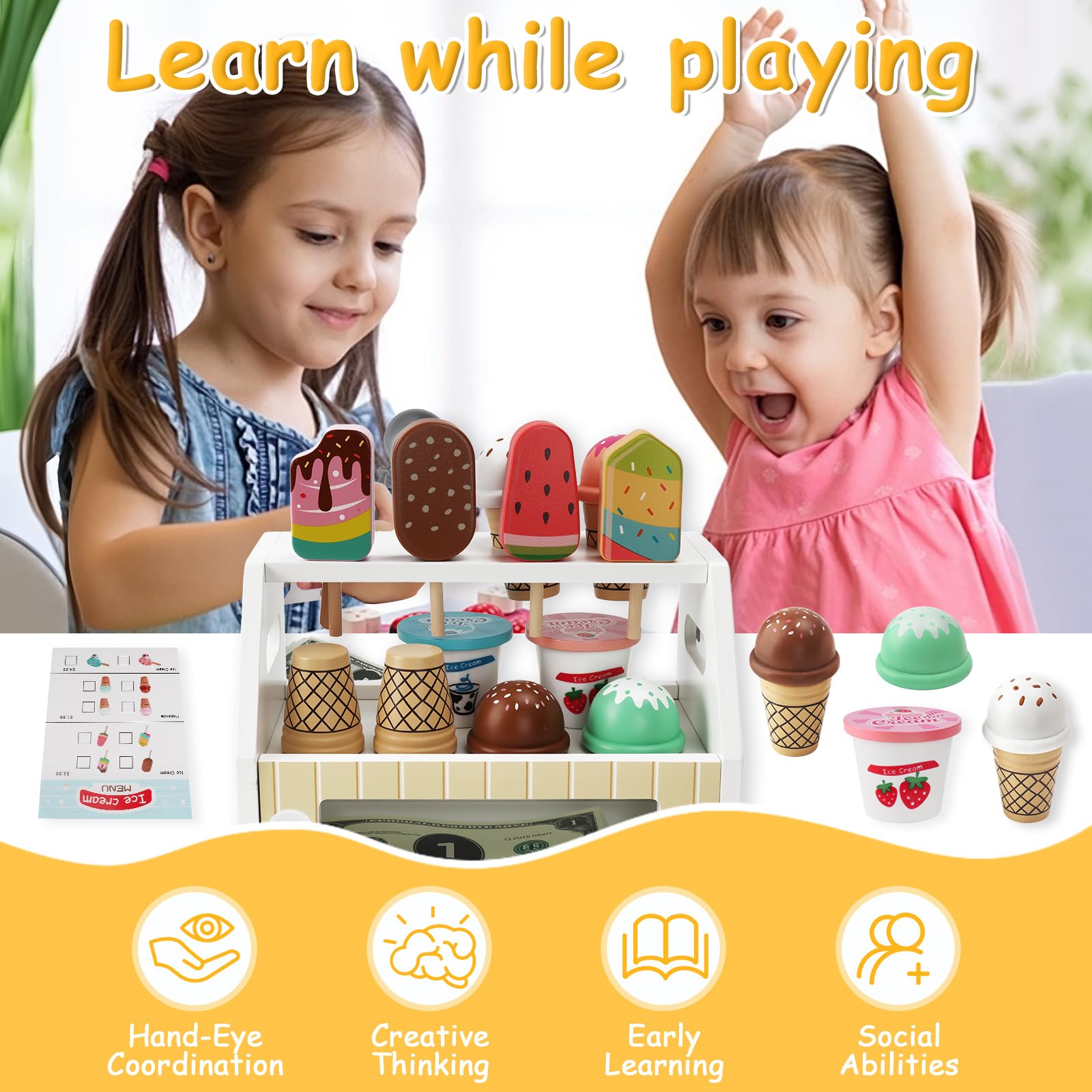 Gelateria Giocattolo per Bambini,Mini Giocattolo per Gelato in Legno,Montessori Gioco di Ruolo Educativo Regalo,Gelateria Giocattoli in Legno per Bambini da 3 4 5 6 Anni Ragazzi Ragazze
