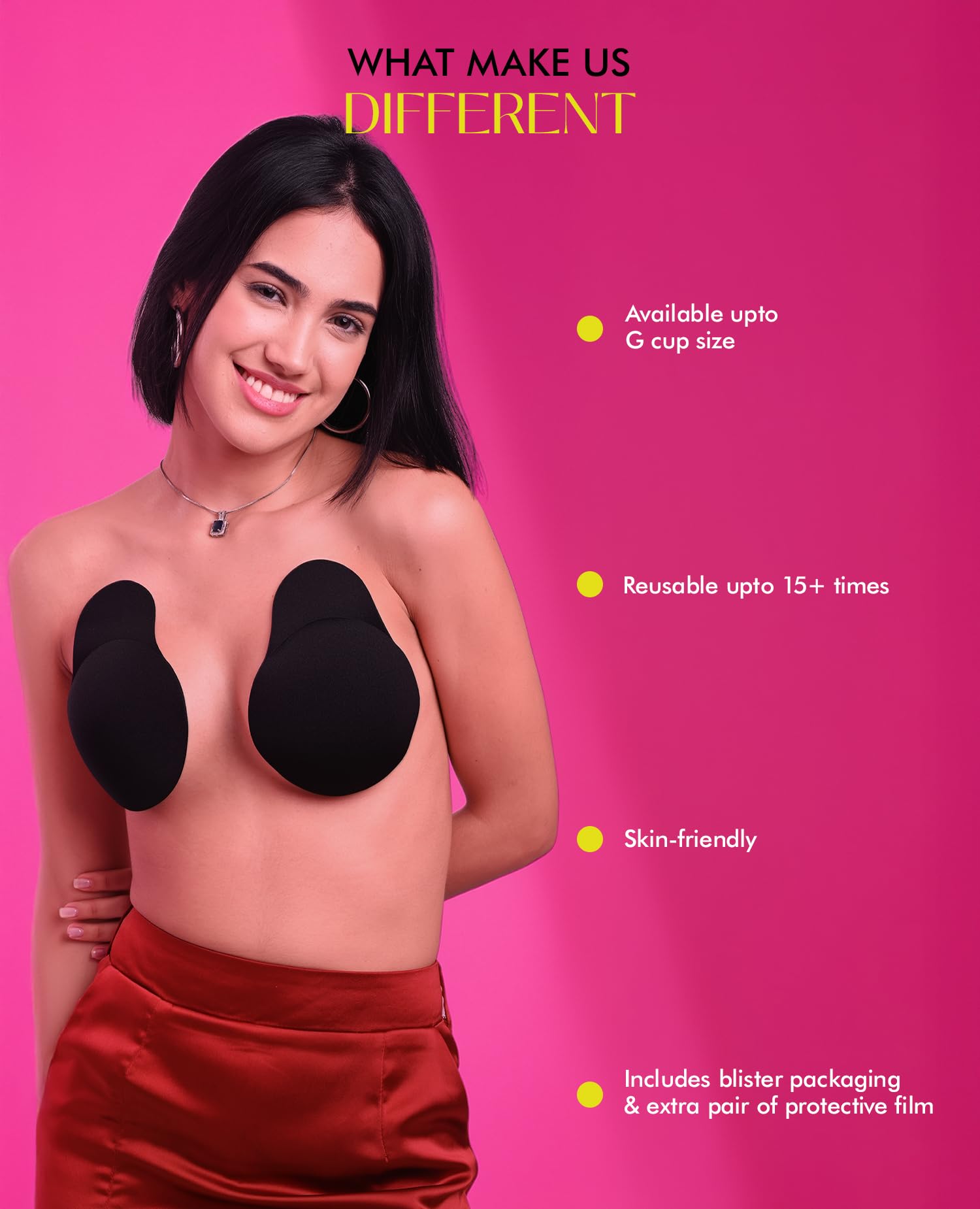 PINQ POLKA Reusable Silicone Bra Lift Cup for Women|Stick on|Invisible |Breast Lift Cups |Skin- Friendly Adhesive|Up to 12 Hrs Sticking Capacity|Reusable Cloth Bag|Black Colour A- B Cup Size - 2 Pcs 1