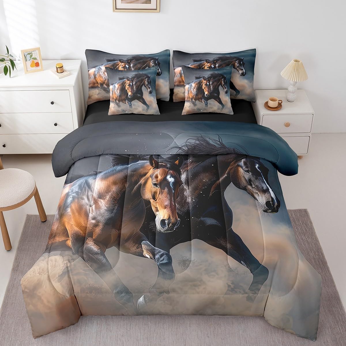 3D Horse Bed in a Bag 7 Pieces for Men Women Couple Horse Bedding Set, Wild Animal Full Size Comforter Set Romantic Theme Bedding Comforter Sets, Sunset Rainbow Clouds Bed Set (Black Brown)