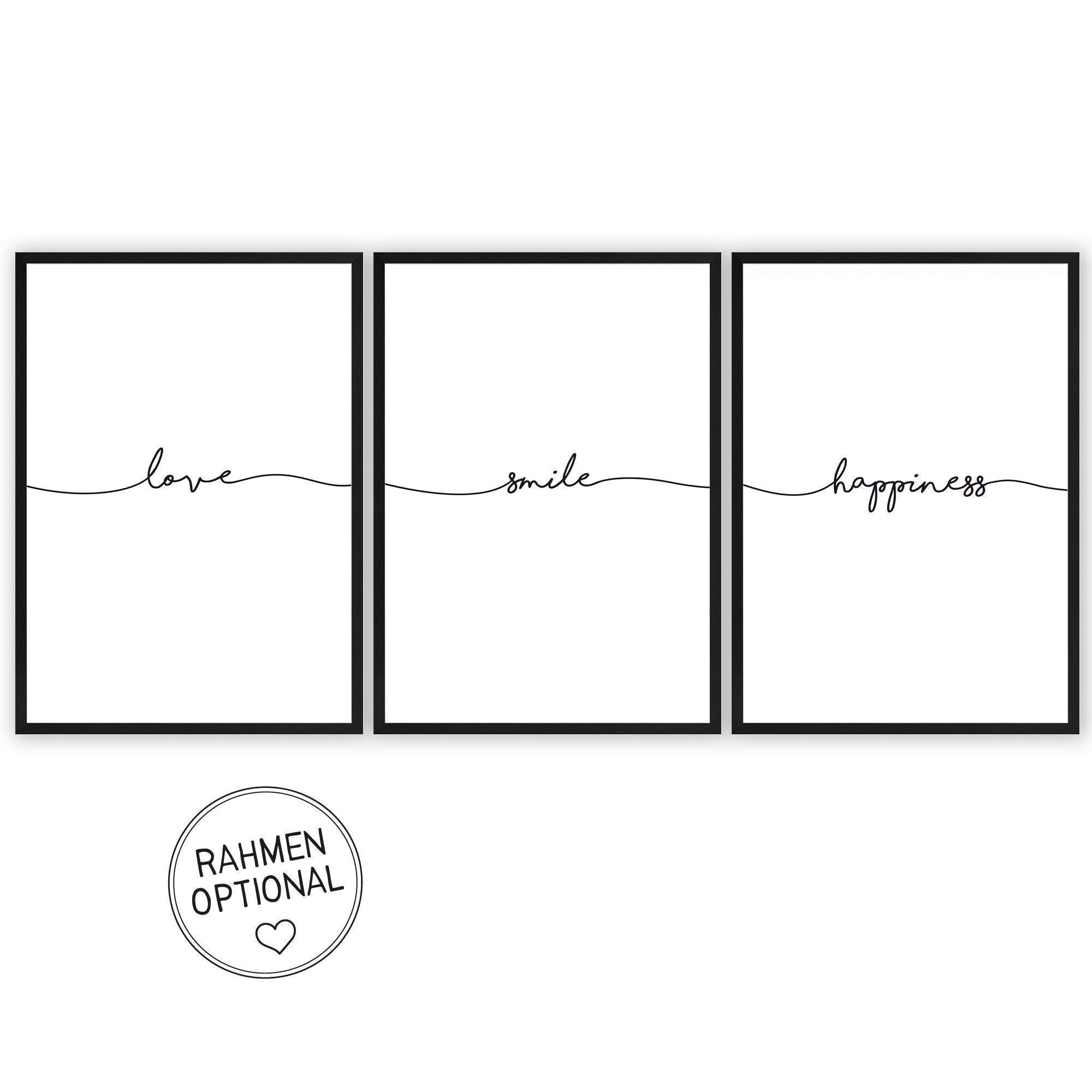 Wunderpixel® 3er Set in groß: love - smile - happiness - Kunstdrucke auf wunderbarem Hahnemühle Papier DIN A2 -ohne Rahmen- schwarz-weißes Bild Poster zur Deko im Büro Wohnung