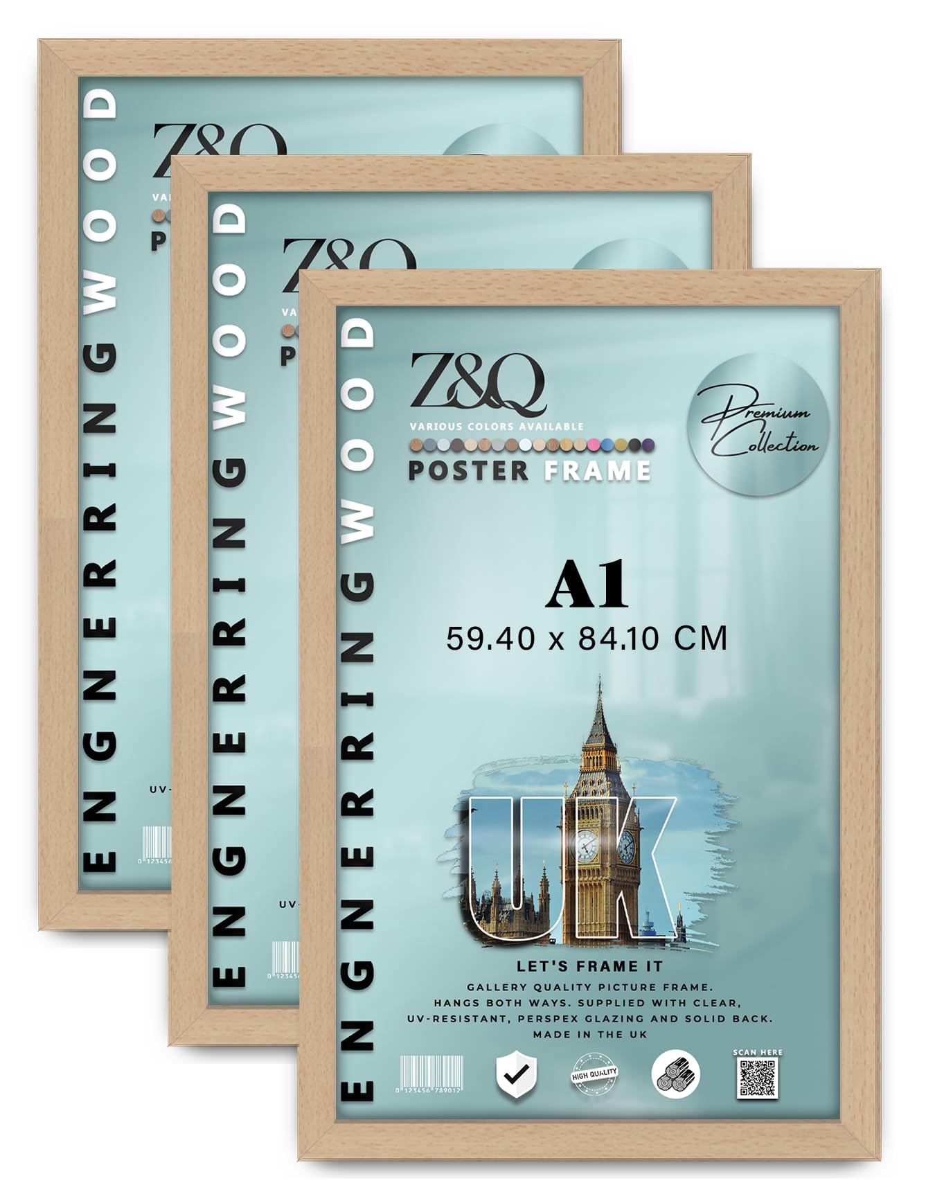 Z&Q Pack of 3 Elegant Eton Wood Finish A1 (59.40 x 84.10 CM) Poster Frame | for Wall Décor 33 x 23 Inch Perfect for Art Display & Family Photo Gallery [ Beech ] — image 1