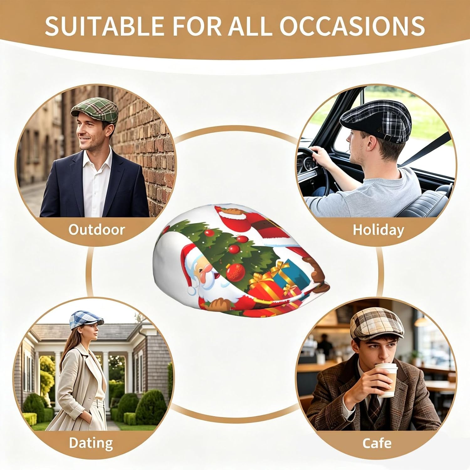 Santa Claus Christmas Tree Xmas Newsboy Cap for Men Women Classic Flat Cap