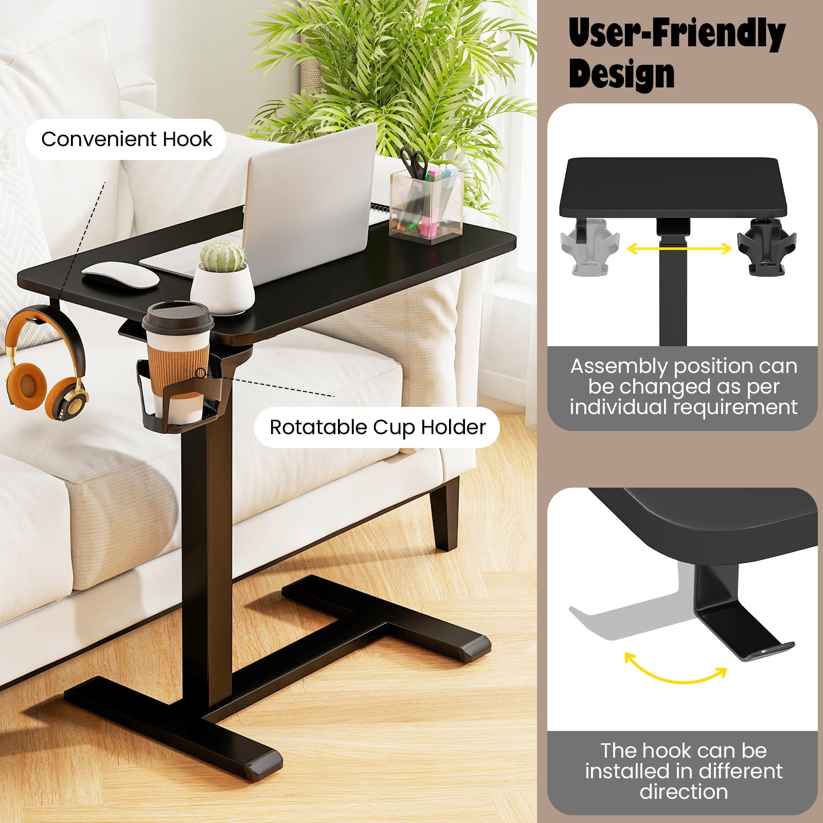 LIFEZEAL Tavolino da Divano a Forma di C, Altezza Regolabile, Tavolino Laterale per Letto, con Ruote Nascoste, Portabicchiere, Ganci Cuffie, Porta Laptop, PC, Serviletto, Soggiorno, Salotto (nero)