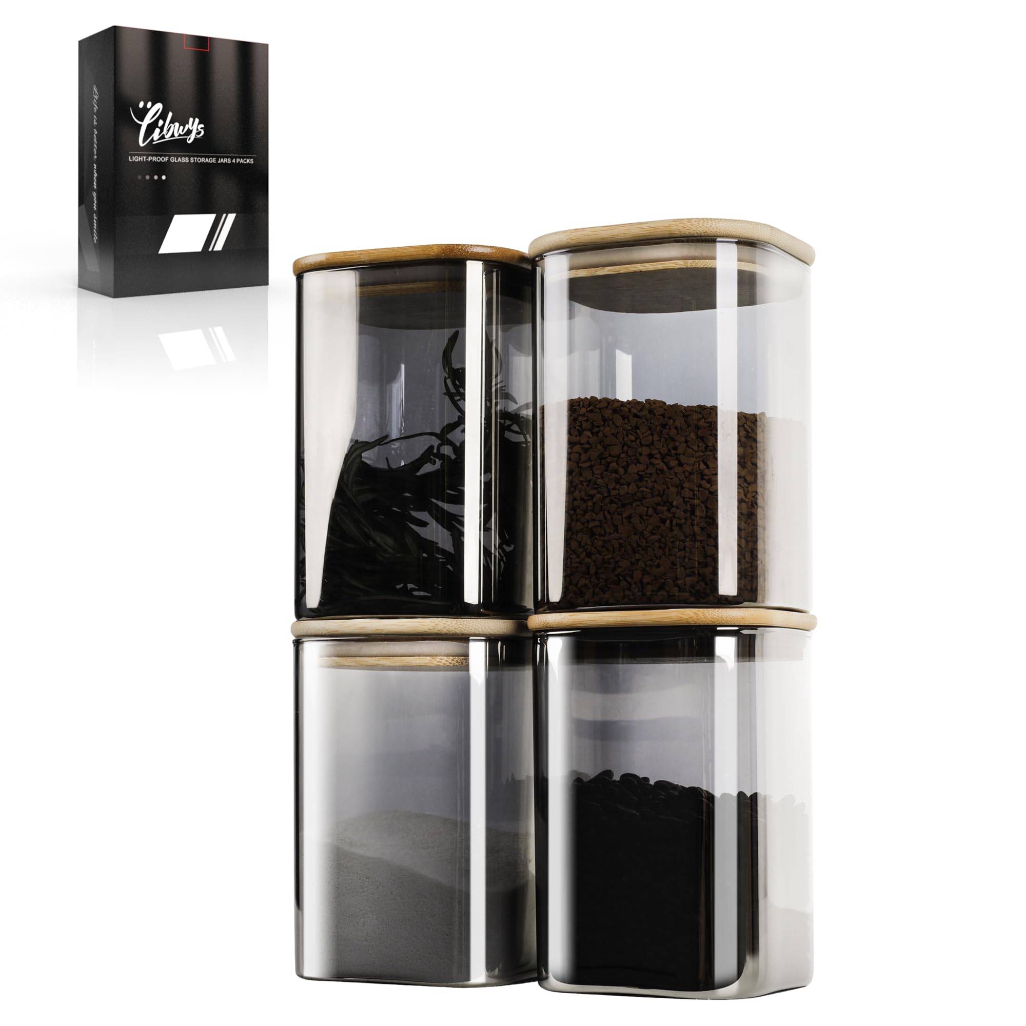 LIBWYS 4er Set UV Schutz Vorratsgläser Kaffeebohnen behälter mit Bamboos Deckel Eckig Vorratsdose Glas - 1150 ml * 4 Glasbehälter ( 4pcs - UV Schutz)