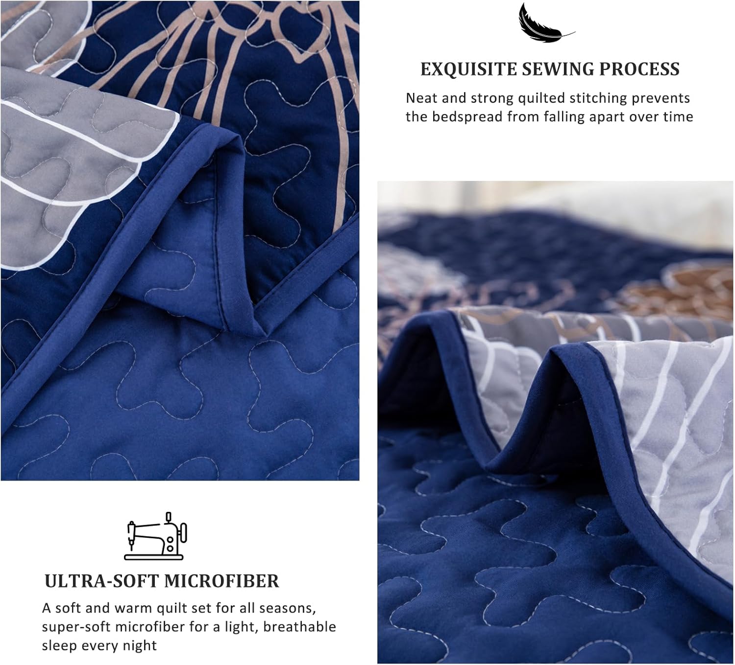 Anibedding Floral Bedspread Quilt Set Queen 3 Pieces-Navy Blue Bohemian Floral Quilt Coverlet Set Soft Microfiber Lightweight Quilted Bedspread with Pillow Shams for All Season 96"x90" - Image 5