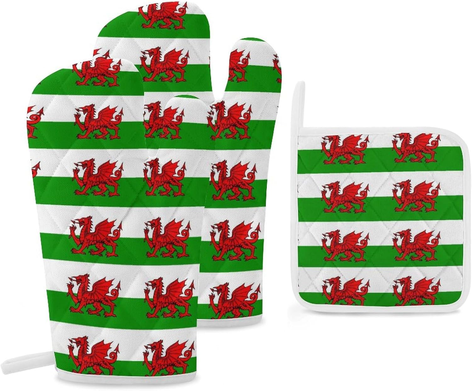Welsh Dragon Flags Print Oven Mitts and Pot Holders 3 Piece Sets Heat Resistant Gloves Hot Pads Potholders for Kitchen Baking Cooking