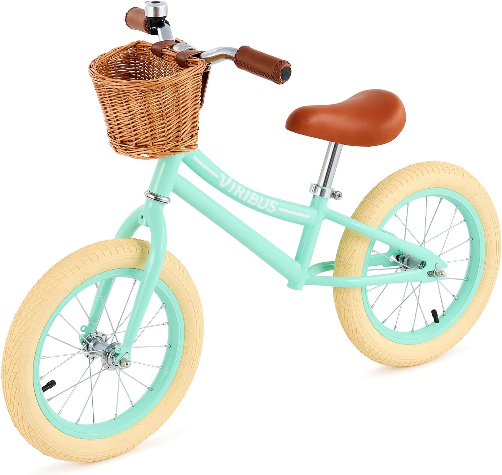 Viribus Balance Bike, 14 inch Balance Bike for 3+ 4 5 6 7 Year Old, Balance Bike with Basket for Big Kids, Kid Balance Bikes Boy Girl with Rubber Tire, Carbon Steel Frame, Outdoor Toy, Mint 66 lb.